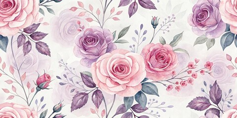  Watercolor roses seamless pattern with pink red flowers and green leaves romantic floral background