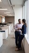 © benjamin - Two professionals engage in a deep and focused discussion by a bright window, possibly in a contemporary office setting. The interaction between them seems engaged.