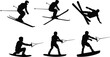 © Shahariar's World - Water skiing and wakeboarding silhouette collection featuring jumps, tricks and riding poses, isolated on white background for extreme water sports design, action concepts and recreation visuals