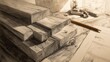 © rini - A sepia-toned sketch depicts a neatly stacked pile of rectangular wood planks resting on architectural blueprints, accompanied by a pencil and other carpentry tools