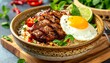 © Mawirda - Vietnamese lemongrass grilled pork rice bowl (Com Tam) broken rice texture detailed, fried egg glossy yolk, vibrant plating, editorial food photo