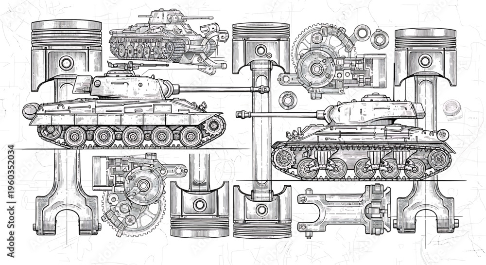 Technical sketch of vintage tanks and engine pistons, mechanical ...