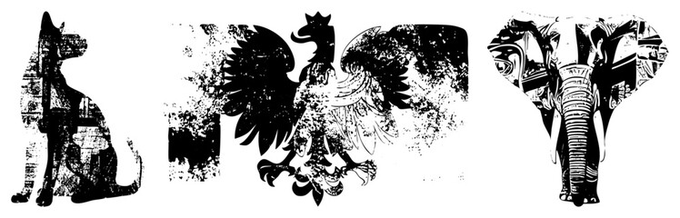  Stylized animal silhouettes filled with distressed textures and urban collage, vector art, graphic design elements, isolated foreground subjects.