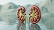 © Mudassir - Detailed anatomical cross section of a human kidney showing internal structures floating realistically above reflective water surface