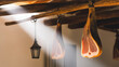 © Alpaca - prosciutto. Cured pork hanging from beams in a traditional farmhouse kitchen. menu design, packaging mockups, designed for culinary blogs and recipe cards for restaurants, used by hr managers.
