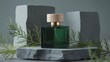 © Ali - A square emerald green perfume bottle with a wooden cap sits on a gray stone block surrounded by evergreen branches and geometric shapes in a minimalist still life setup