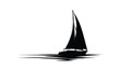 © Raha - Black silhouette of a sailboat with its sails full of wind glides across a calm sea under a clear sky in a minimalist composition.