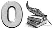 © Rysak - Classic typography letter O with halftone texture, quill pen atop books, vintage illustration, educational, academic symbol.