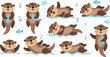 © Afroja - Cute otter cartoon collection with fish playful sea animals character poses flat vector illustration set isolated on white background
