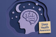 © Chanita - Calm sleep health awareness illustration with brain silhouette under moon and star. This wellness concept shows mind resting, layered paper art design in an indigo palette