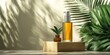 © Po - A minimalist scene featuring a glass bottle with amber liquid and a small brown jar with a green plant, set on wooden blocks against a shadowed wall with tropical leaves.