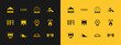 © Iryna - Set Slide playground, Ferris wheel, Monkey bar, Jumping trampoline, Playground climbing equipment, Sandbox with sand and Education logic game icon. Vector