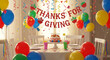 © mansoor - A festive Thanksgiving celebration with colorful balloons and a cake on a table