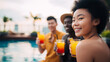 © dinatychynska - Diverse friends holding cocktail juice pool party summer, smiling asian black man woman, tropical rooftop vacation lifestyle celebration social outdoor bokeh.