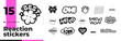 © IMGvisualsCharacters - Retro groovy reactions with positive emotions black and white sticker pack. Cool y2k expressive words. Marketing. Emblems tags. Badges label set. Monochrome typography. Print ready flat illustration
