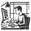 © Oleksandr Pokusai - young man using a computer and drawing tablet at desk, digital design, creativity, and remote work sketch engraving generative ai vector illustration. Scratch board imitation. Black and white image.