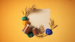 © leruri - Flat lay composition with wheat stalks, colorful yarn balls, wooden drums, and a leaf ornament arranged around a blank paper sheet on a warm yellow background