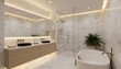 © Felippe Lopes - A modern bathroom with a freestanding tub, double vanity, and glass shower enclosure in a luxurious marble setting.