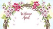 © Bulan - elegant april welcome floral wreath with pink blossoms and handwritten greeting on light background
