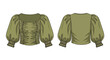© Sarwo - Fashion flat sketch of an olive green blouse for women, featuring puff sleeves and a ruched bodice, presented with clear front and back views for