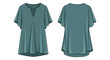 © Sarwo - Stylish teal loose-fitting women's blouse with V-neckline and wide dolman sleeves, front and back technical drawing