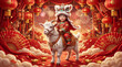 © adika - 2027 Year of the Goat Celebration with Child in Traditional Chinese Clothing and Lion Mask
