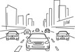 © Nazrul Kabir - Cars Driving on Highway with Cityscape Background Line Art Style Perspective View
