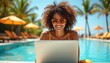 © miss irine - Woman smiles working on laptop by sunny resort pool. Palm trees and clear blue sky create tropical paradise. She wears stylish sunglasses, enjoys remote work vacation.