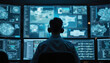 © miss irine - Man in headphones works at many computers with data maps on screens. He analyzes information in dark room. This person could be programmer analyst cybersecurity expert hacker.