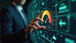 © miss irine - Man in suit uses futuristic screen with risk meter showing high level. Analytics display with charts, graphs, and data. Tech interface for business planning.