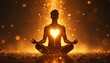 © miss irine - Man meditates in lotus pose. Glowing heart radiates golden energy from chest. Light particles float around him in dark space. Inner peace and spiritual awakening.