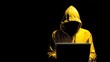 © Studio Zenith - Hacker anonyme en sweat à capuche jaune travaillant sur ordinateur portable