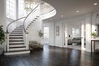 © putra - Grand foyer with elegant curved staircase, dark wood floors, and bright natural light