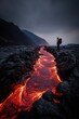 © rabbit75_fot - A hiker standing atop a lava flow, wearing a backpack and surrounded by rocky terrain. The sky is visible at the top of the image, and the lava flow is illuminated by the sun.