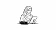 © Teriyaki - Person wearing hijab looking at digital tablet, black and white outline