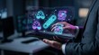 © aimodels24 - Businessperson using a futuristic tablet displaying holographic data visuals in office