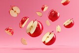 Sliced and whole red apples cascade against a soft pink background