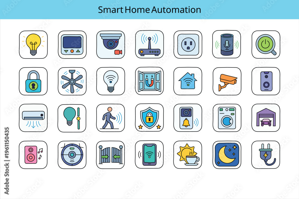 Smart home automation icons set with various devices and symbols ...