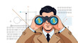 © Fawaz - Focused businessman uses binoculars with dollar sign reflections to search for financial opportunities and monetary gain in a digital world.