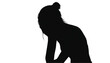 © Usama - Black silhouette of a sad female figure with hair in a bun resting her head on her hand against white.