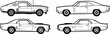 © Zain - Collection of four classic American muscle car outlines including the Mustang Charger and Camaro in detailed side profile views