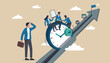© kadir - Time management, effort efficiency boost, productivity finish project to teamwork planning, multitasking finish work within deadline concept, business people riding clock up rising arrow
