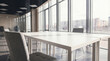 © brice - Empty modern conference table and comfortable chairs in a bright, spacious office meeting room bathed in natural light.