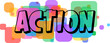 © designboundary - Energetic ACTION text with bold outlines overlays a lively cluster of translucent colorful square shapes