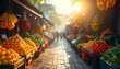 © Zaidil - Vibrant outdoor marketplace bustling with shoppers, showcasing an abundant array of colorful fresh fruits and vegetables under the warm glow of the sun, creating a lively and authentic atmosphere