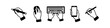 © Nort Kor - Set of minimalist black and white hand icons illustrating digital and creative tasks: writing with a pencil, using a computer mouse, typing on a keyboard, holding a smartphone, and using a stylus.