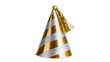 © Hughes - Golden striped party hat with shimmering metallic fringe, perfectly presented isolated on transparent background for celebrations
