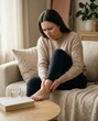© Arts Eira - Woman experiencing ankle pain while sitting on a couch at home