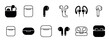 © Happy Carrot - Set of black wireless earbud icons featuring various designs of in-ear headphones, charging cases, and earphones presented in minimalist solid and line art vector styles