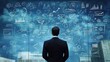 © Entri - Businessman contemplates strategy; urban view background;  graphic design;  presentation use